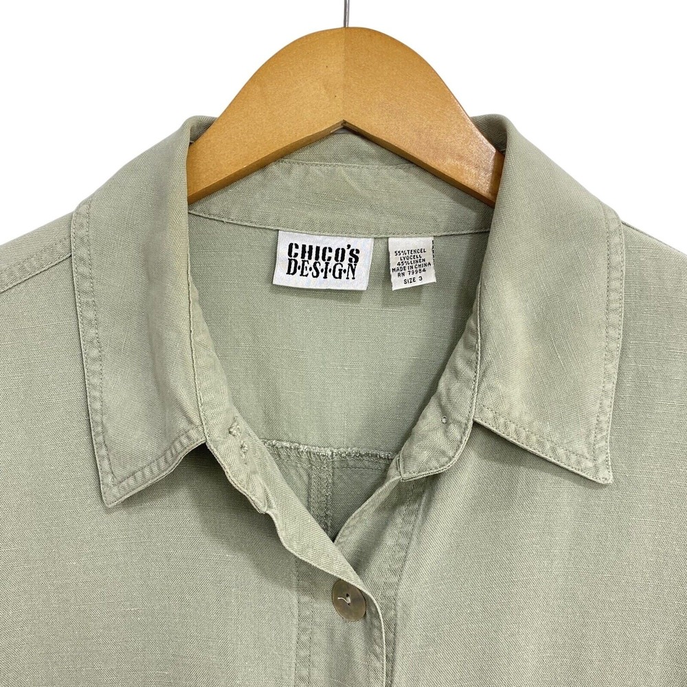 Chico's Design Jacket Womens 3 Green Tencel Linen Button Utility Shirt Top XL - Picture 3 of 12